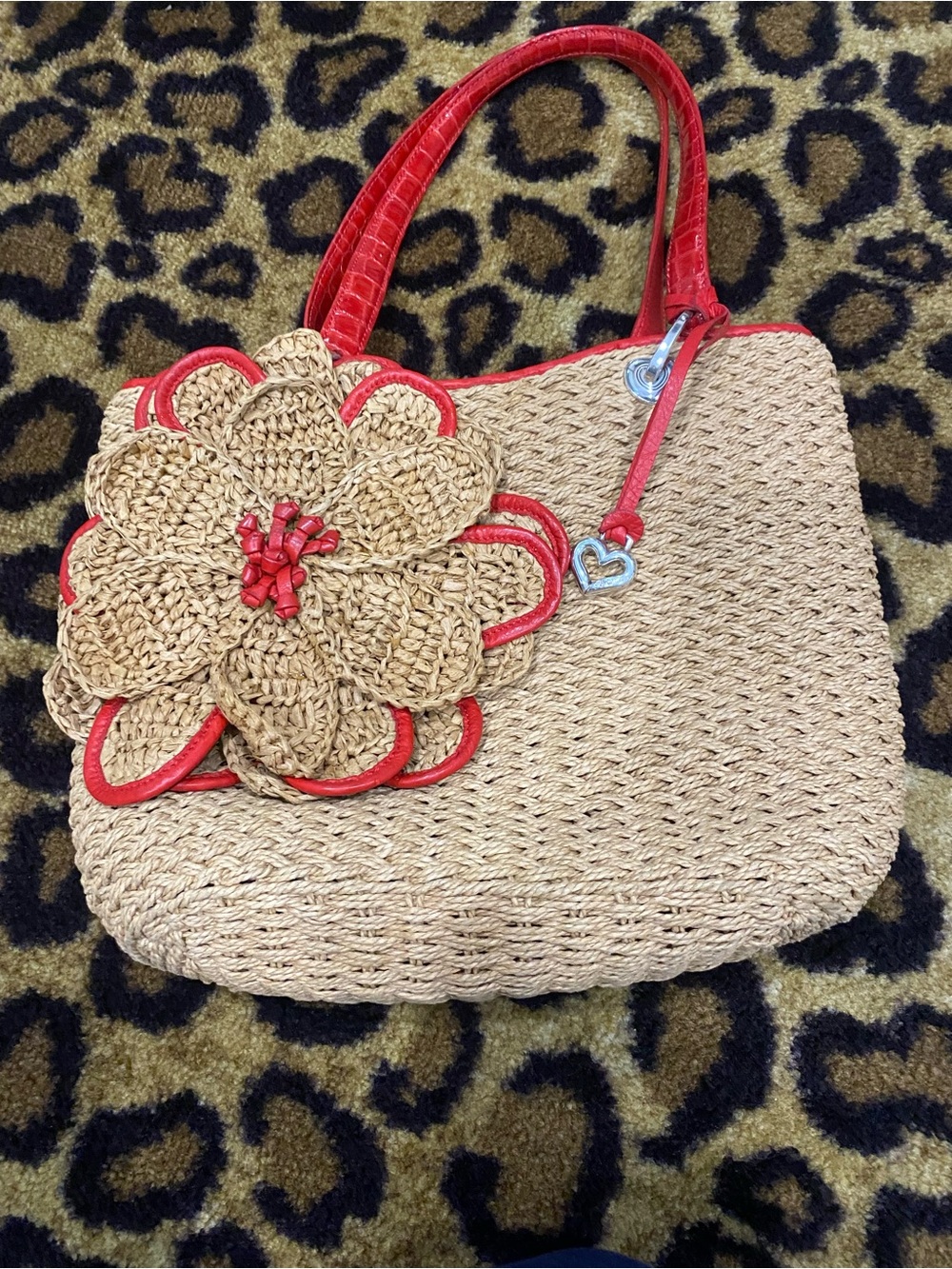 Brighton Woven Straw Tote with Red Trim and Flower Accent